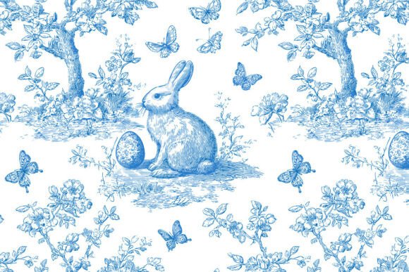 Blue Toile De Jouy Easter Bunny Pattern: A Timeless Design for Versatile Use