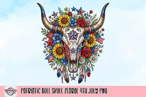 Patriotic Bull Skull Floral 4th July PNG