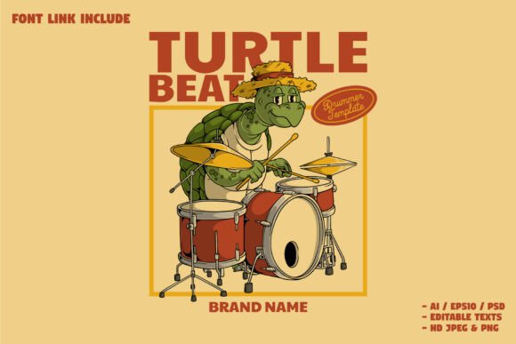 Turtle Drummer Mascot Playing Drum Set: A Unique Branding Asset